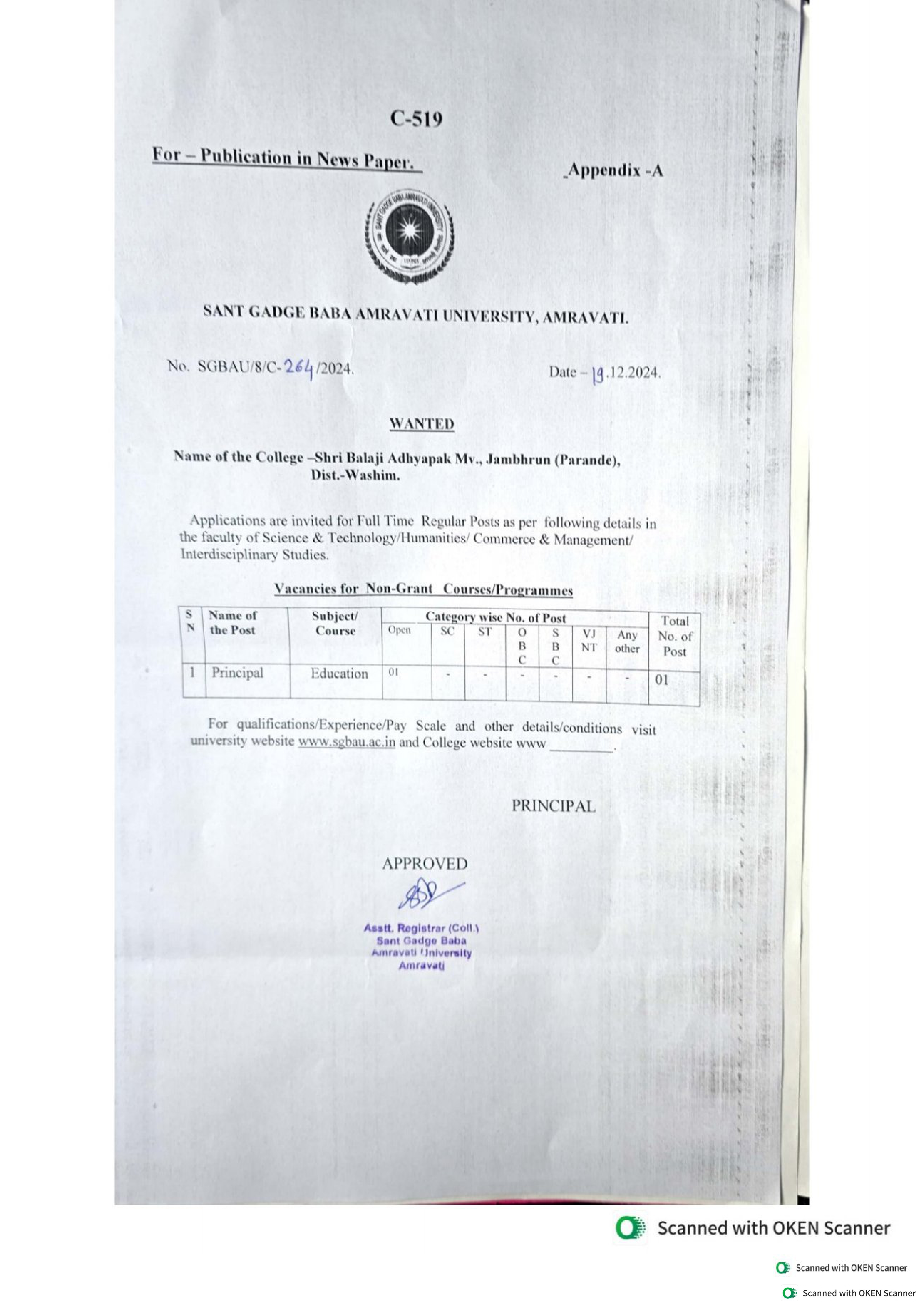 Principal Post - Shri Balaji B.Ed. Washim